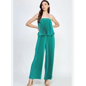 NEW Strut & Bolt Satin Turquoise Pleated Tube Jumper Jumpsuit Women's Small $119